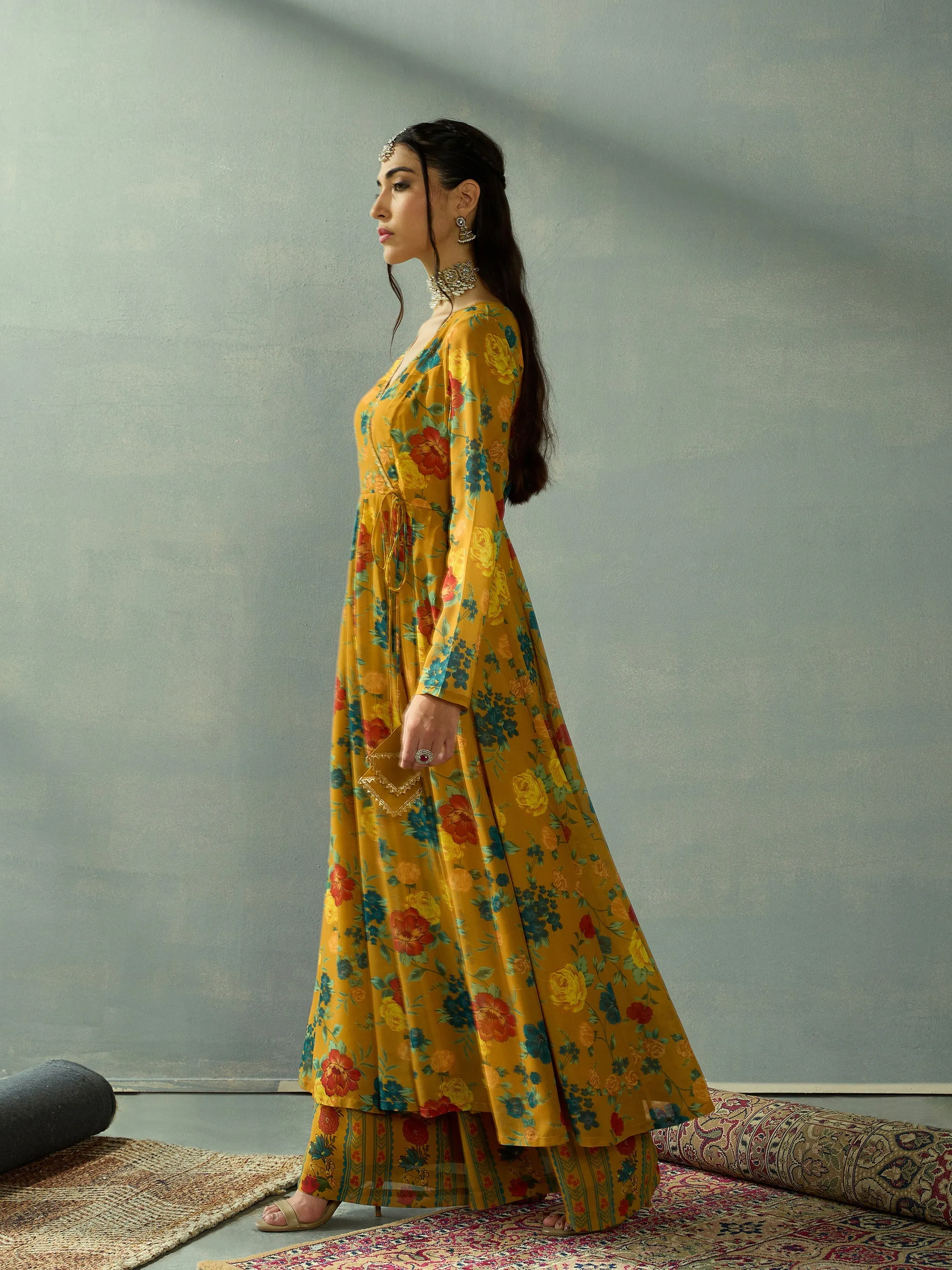 Women Mustard Floral Wrap Anarkali Kurta With Straight Pants