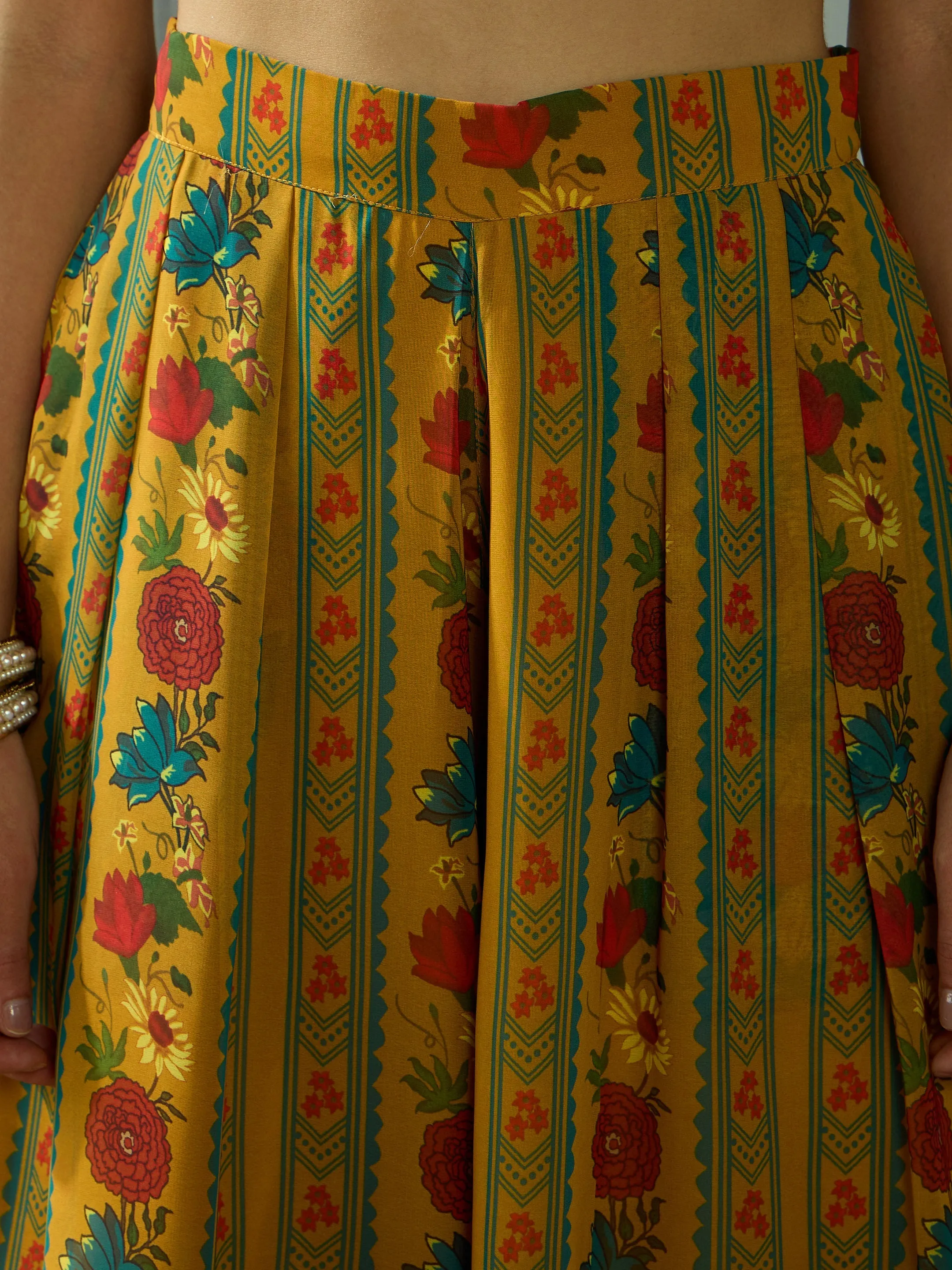 Women Mustard Floral Wrap Anarkali Kurta With Straight Pants