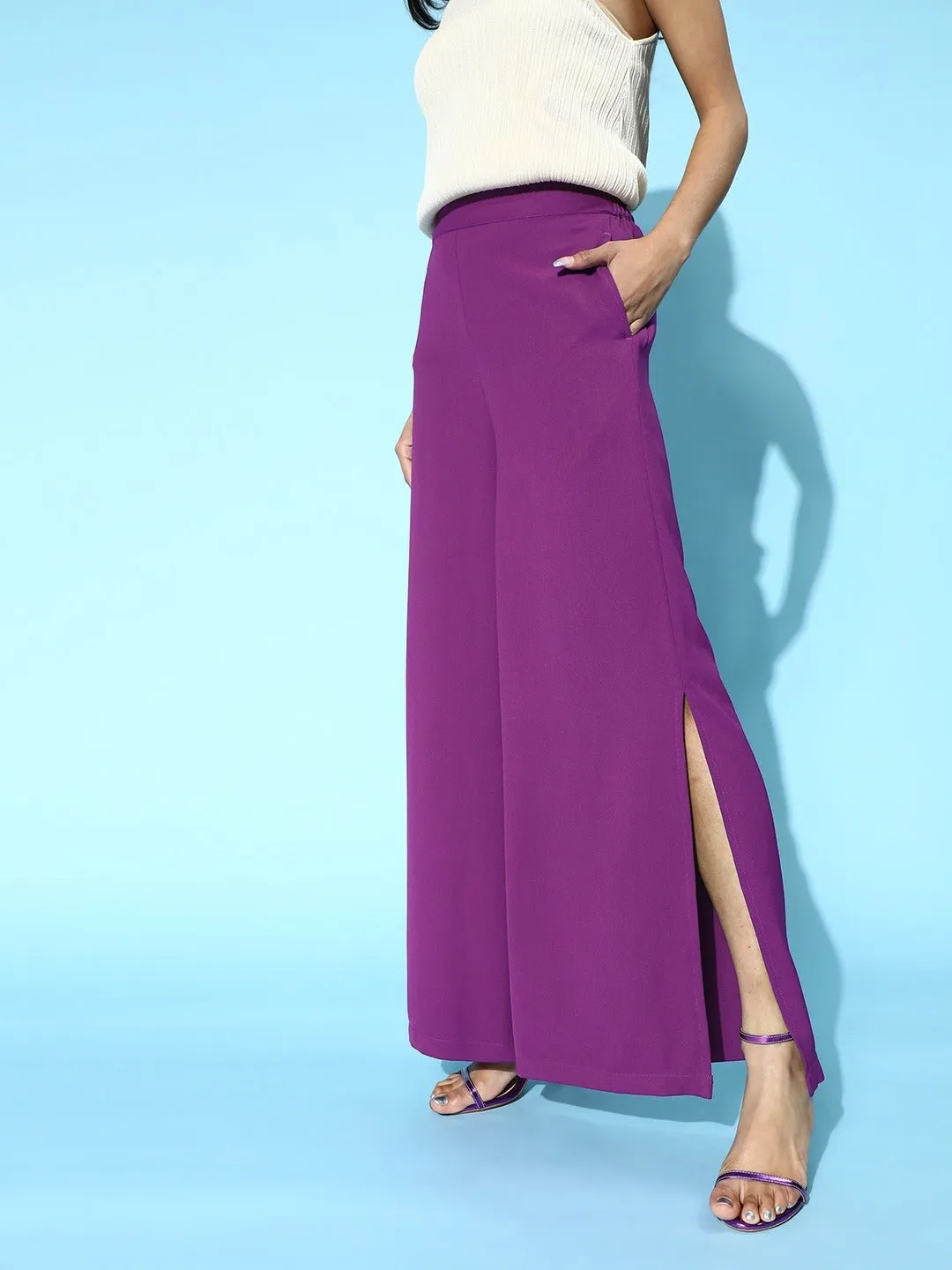 Women Purple Side Slit Peekaboo Comfort Pants