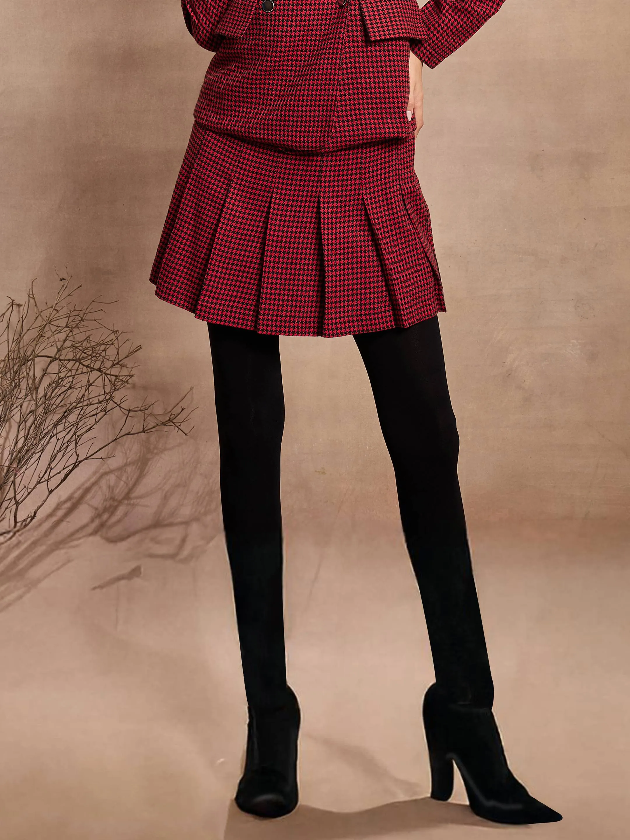 Women Red Houndstooth Check Pleated Mini Skirt