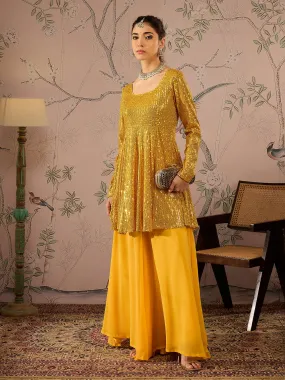 Women Yellow Sequins Peplum Top with Flared Pants