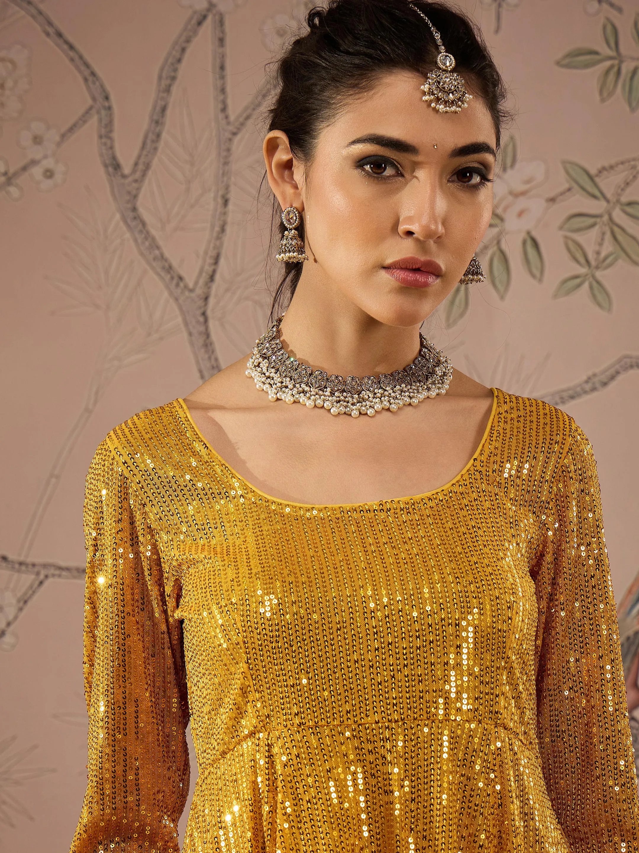 Women Yellow Sequins Peplum Top with Flared Pants