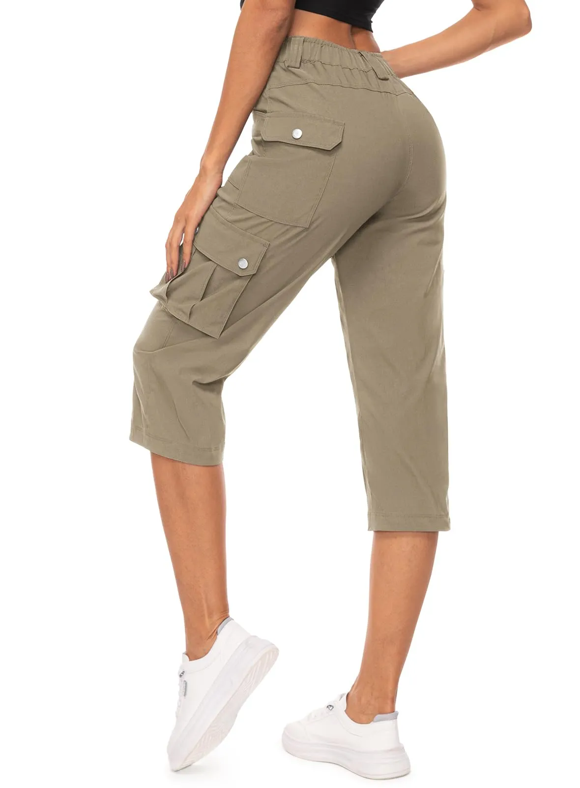 Women's Cargo Capris Pants High Waist Waterproof Hiking Casual Travel Summer Pants for Women with 6 Pockets