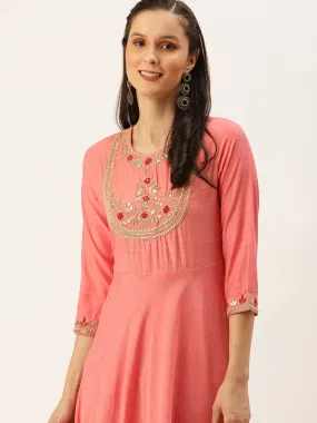 Women's Pink Embellished A-Line Kurtas