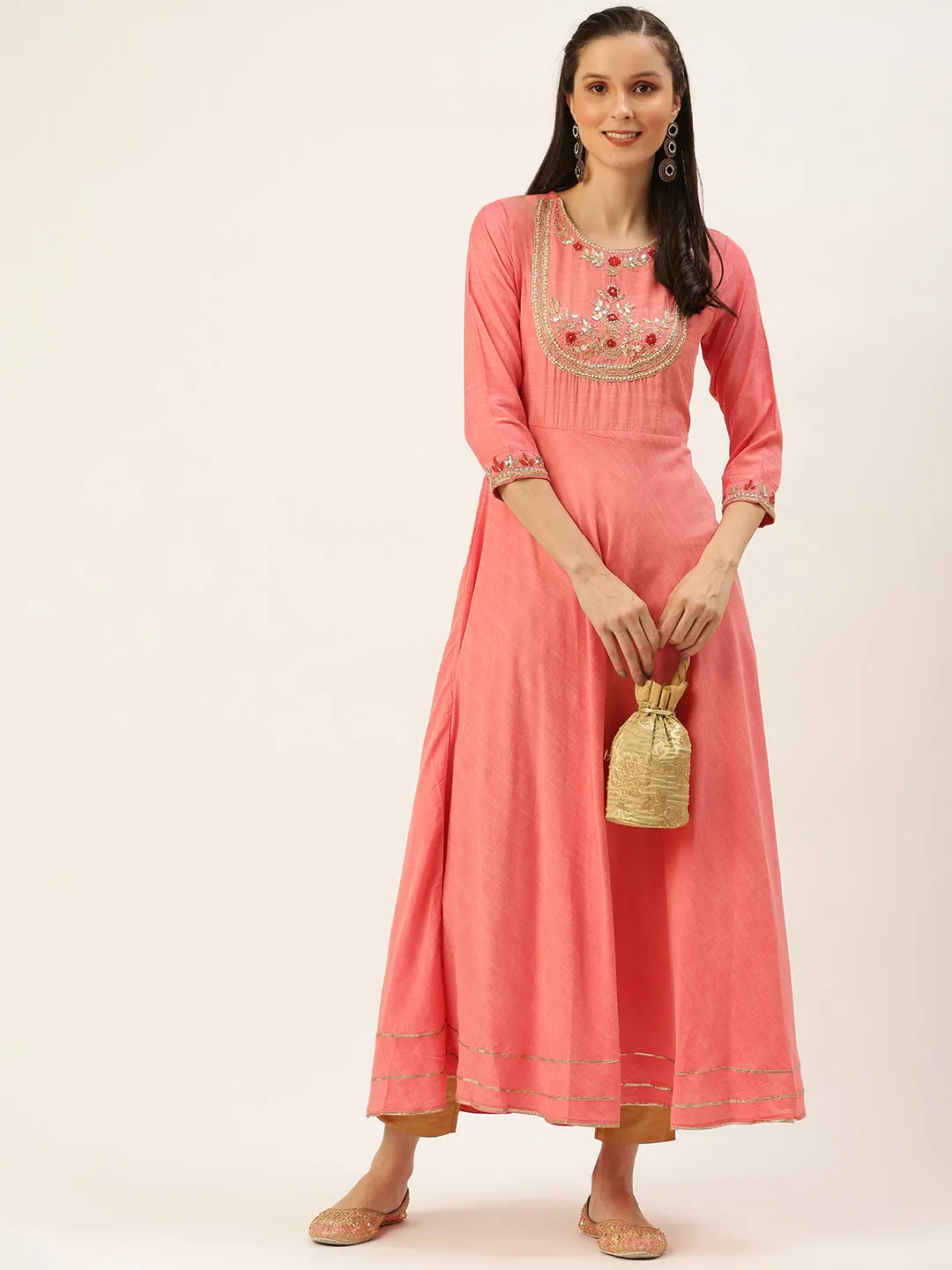 Women's Pink Embellished A-Line Kurtas