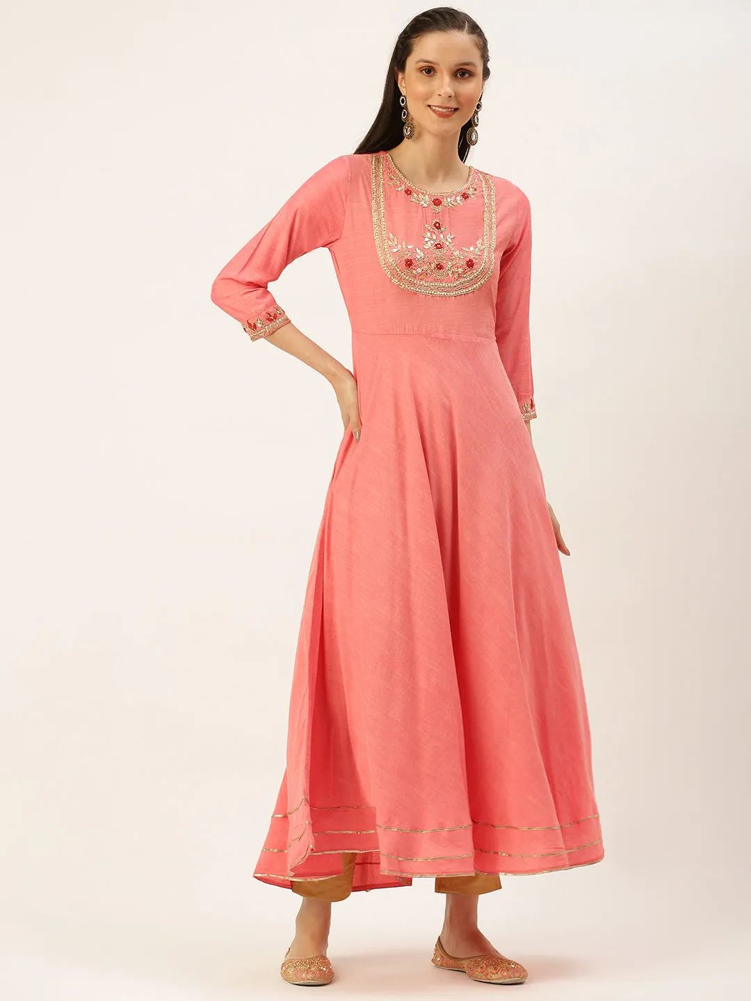 Women's Pink Embellished A-Line Kurtas