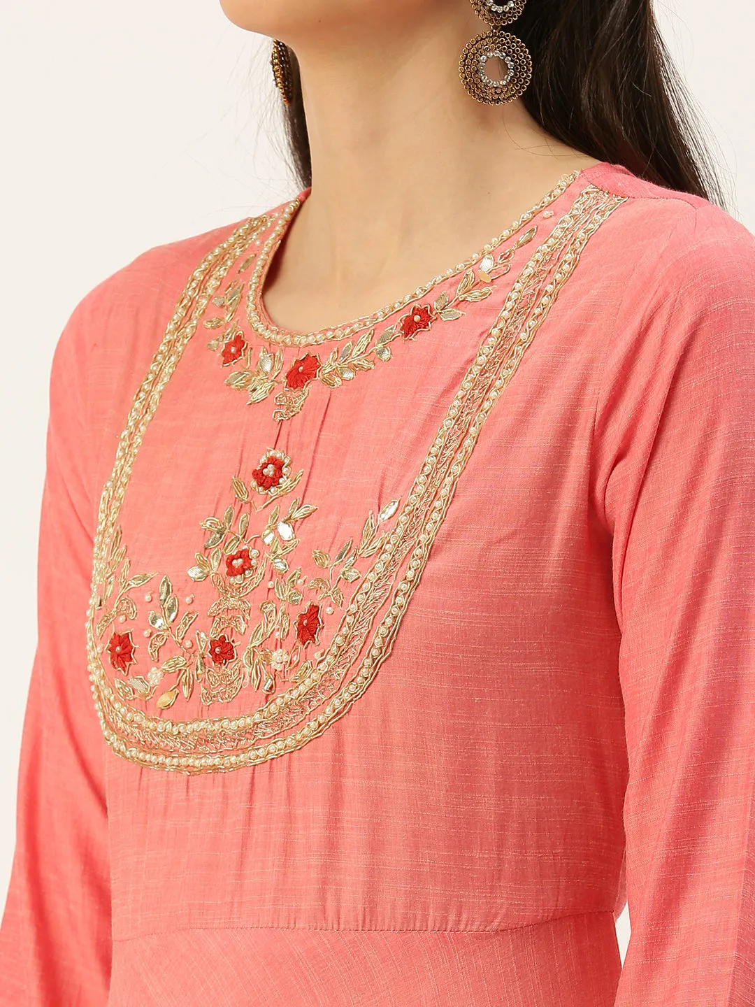 Women's Pink Embellished A-Line Kurtas