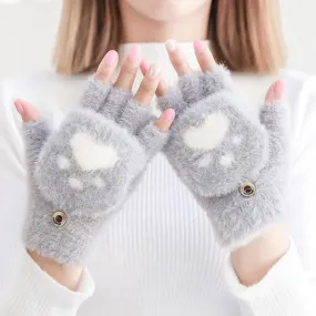 Women's Warm Cat Paw Print Mittens Fluffy Gloves