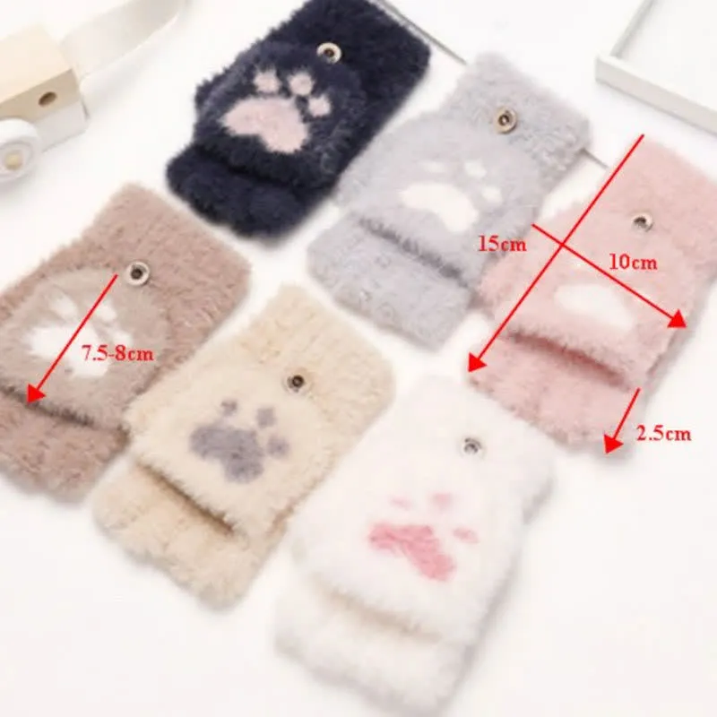 Women's Warm Cat Paw Print Mittens Fluffy Gloves