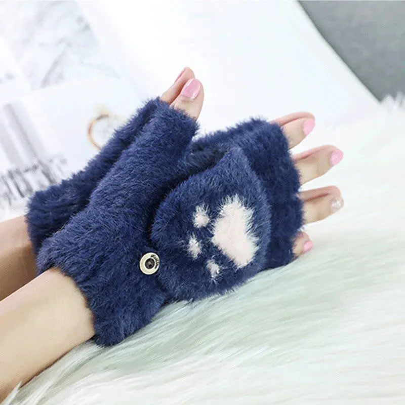 Women's Warm Cat Paw Print Mittens Fluffy Gloves