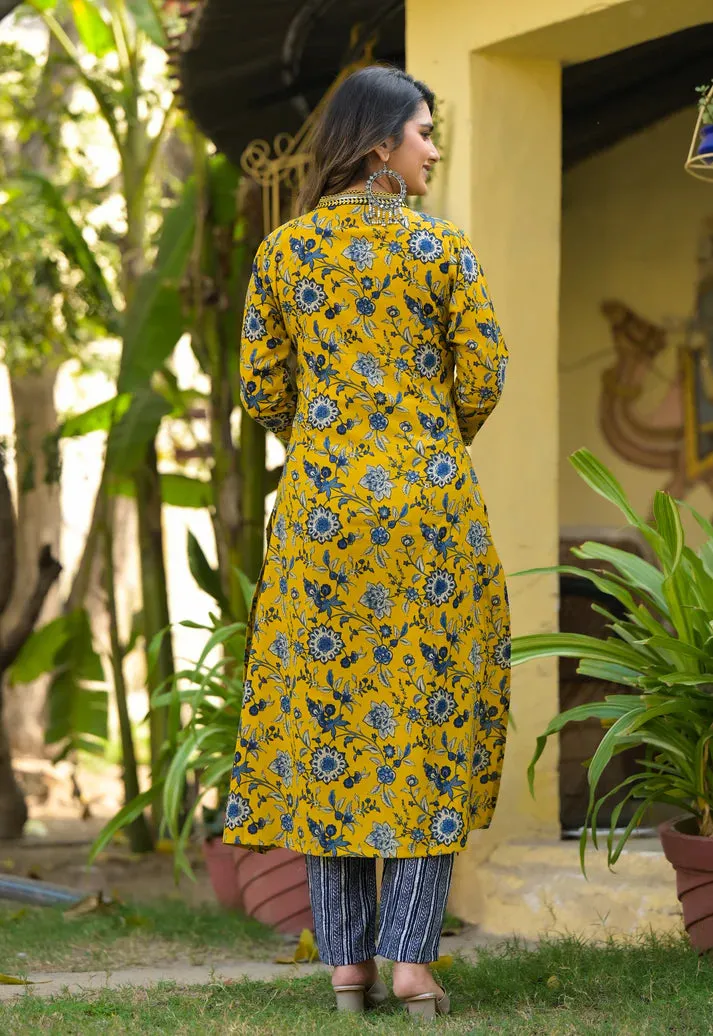 Yellow & Blue Viscose Printed Straight Cut Kurta Pant Set with Chanderi Cotton Dupatta