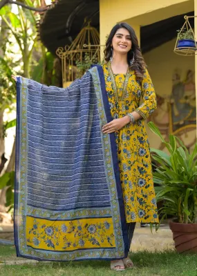 Yellow & Blue Viscose Printed Straight Cut Kurta Pant Set with Chanderi Cotton Dupatta