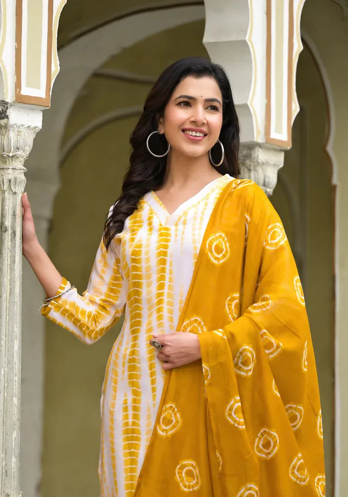 Yellow & White Viscose Tie Dye & Printed Straight Cut Kurta Pant Set with Chanderi Cotton Dupatta