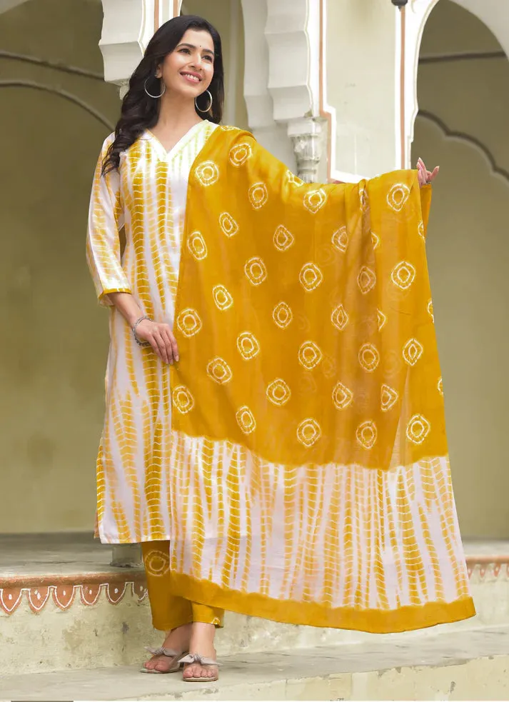 Yellow & White Viscose Tie Dye & Printed Straight Cut Kurta Pant Set with Chanderi Cotton Dupatta