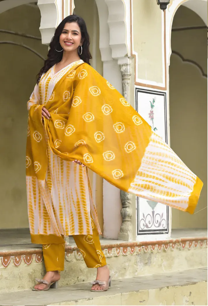 Yellow & White Viscose Tie Dye & Printed Straight Cut Kurta Pant Set with Chanderi Cotton Dupatta