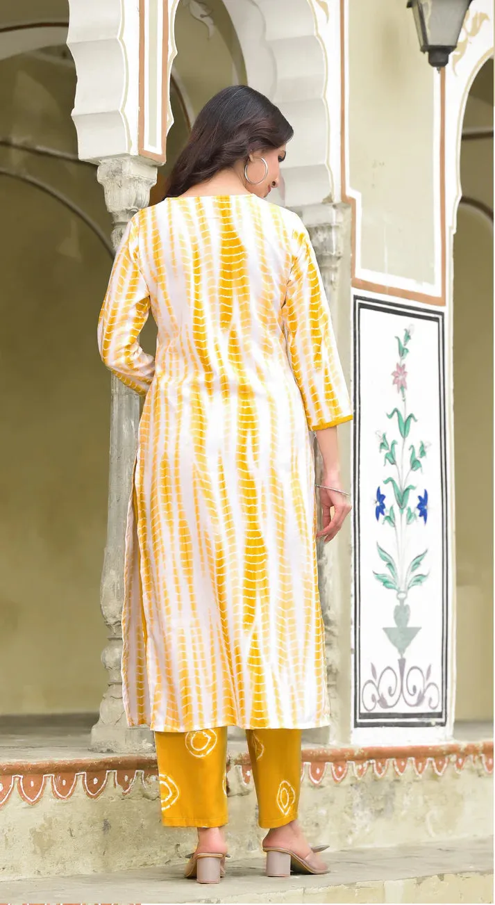 Yellow & White Viscose Tie Dye & Printed Straight Cut Kurta Pant Set with Chanderi Cotton Dupatta